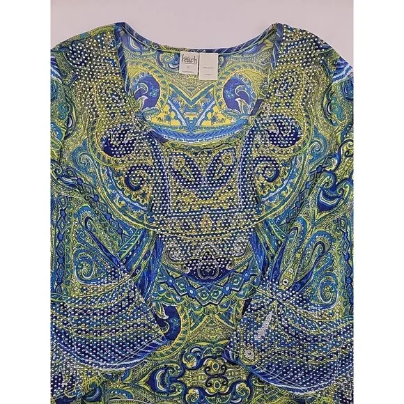 INC International Concepts Womenβs Tunic Top Blue Green Paisley Print Embellish - Picture 7 of 10